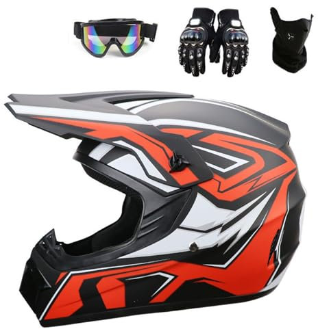 ARMAAN Motocrosshelm für Jugendliche, Leichter Integralhelm für Erwachsene, ATV-Dirtbike-Helm, Outdoor-Offroad-Fahrradhelm mit Handschuhen, Schutzbrille, Gesichtsschutz, DOT-geprüft,Orange-L(57~58cm)