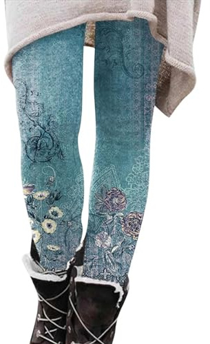 kuiazelit Patterned Leggings for Women UK - Women's Stretch Print Leggings Full Length Leggings Soft Elastic Leggings Tights Workout Gym Yoga Stretchy Pants Trouser Warm Casual Outfits Light Blue