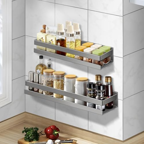 TOKPLNU Spice Racks Wall Mount, Metal Spice Rack Organiser for Spice Jar and Seasonings,Wall Hanging Spice Shelf for Inside Cupboard Kitchen Door,Grey,2 Pack