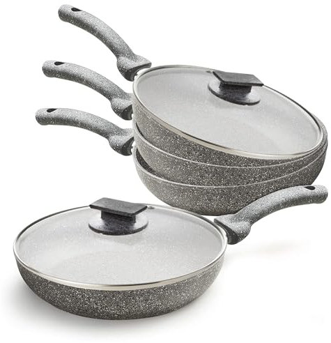 Sicignano | Set Padelle Cuore di Pietra Antiaderenti Alluminio Effetto Pietra, Fondo Universale per Gas Vetroceramica Elettrico Alogeno Radiante (Con Coperchio, 20/24/28 cm)