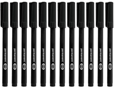 12 Stück Permanent Marker Fein Schwarz, Stift Schwarz Wasserfest Fein, 0,6mm Ultra Feiner Spitze, Schnell-Trocknend, Wischfest, Für Karton, Glas, Kunststoff, Holz, Metall, Ideal für Kunst Handwerk