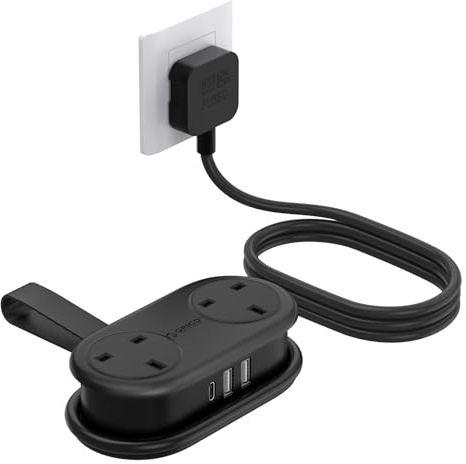 ORICO Travel Extension Lead with USB Slots, 2 Outlets 3 USB Ports (1 USB C), 3250W 13A Socket Extensions, Rollable Extension Cord for Travel/Home/Office, Essentials Cruise Approved Power Strip-Black