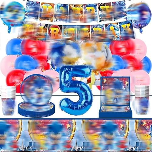 Amazluck 65 Stück Geburtstagsdeko 5 Jahre, Hedgehog Geburtstagsdeko Luftballon Party Birthday BannerTableware Supplies Foil Balloons Tischdecken Teller Servietten Tassen Kuchen Deko Kinder