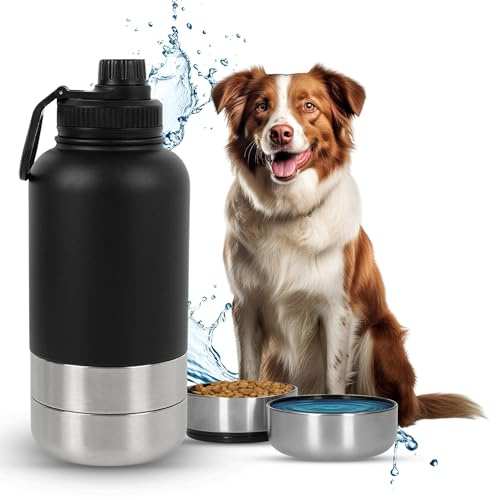 LuckyFlex® 3-in-1 Trinkflasche Hunde für unterwegs – 800 ml Hundetrinkflasche für unterwegs aus Edelstahl – Hunde Trinkflasche to Go mit Napf & Futterfach