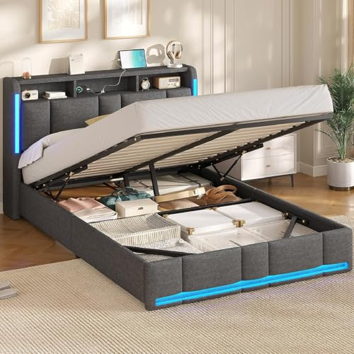AOGLLATI Lit Coffre 140x200 CM, Lit Double avec LED et Ports USB, Cadre de lit avec Tête de Lit capitonné et Rangement, Lattes en Bois, Lin Gris Foncé(sans Matelas)