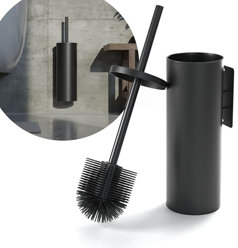 SAVEGA – Klobürste Silikon schwarz zur Wandmontage – WC Bürste ohne Bohren mit Klobürstenhalter – Hygienische Toilettenbürste flach & flexibel – WC Bürstengarnitur Modern