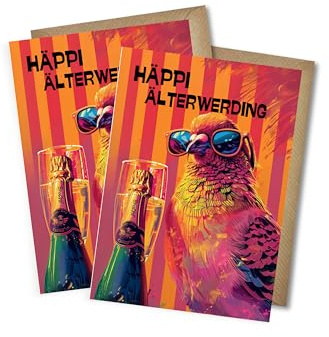 WBdesignz 2er-Set Geburtstagskarten HÄPPI ÄLTERWERDING – Lustige Glückwunschkarten mit Party-Vogel & Sekt - mit Umschlägen - DIN A6 (2er-Set)