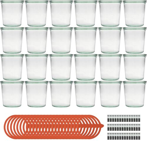 Flaschenland - 24x Sturzglas 580 ml inkl. Glasdeckel, Einkochringen und Klammern, Einweckgläser, Einmachgläser zum Haltbarmachen von Lebensmitteln I Made in Germany