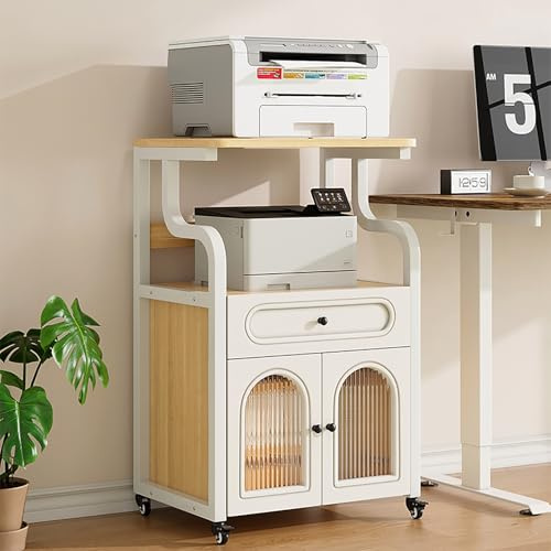 Rolling Printer Stand with Storage, Mobile Printer Cart with Wheels, Large Shredder Cabinet & Drawer, Home Office Rolling Table (White) - Space-Saving Solution