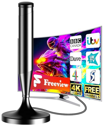 Indoor TV Aerial for Freeview – 560+ Miles Long Range Reception, 360° Digital TV Aerial with Magnetic Base, Supports HD Channels VHF/UHF/DAB Radio, Easy Installation