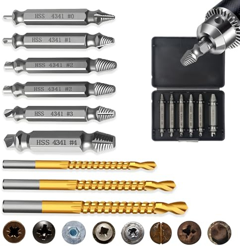 9PCS Damaged Screw Extractor Set with 3 Twist Drill Bits + 6PCS Remover Kit | Bolt Extractors Sets General Bit Sets Double Ended for Damaged Broken Stripped Screws