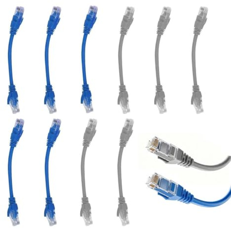 aiyraa 12pc Cat6 Ethernet Patch Cable Slim 15cm, 2-Color Blue & Grey | High-Speed 1000Mbps Network LAN Patch Leads with RJ45 Connectors, Colorful Cat6 Ethernet Cable for Router, PC, TV