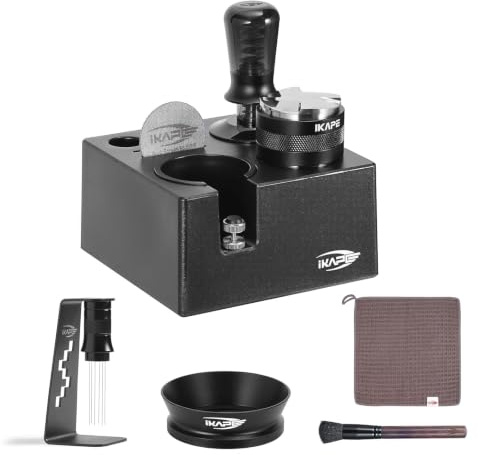 IKAPE 53MM Black Espresso Tool Set 8 IN 1, Coffee Tamper, Distributor, Magnetic Funnel, Puck Screen, Tamper Station, Stirrer Distribution Tool, Cleaning Towel and Brush
