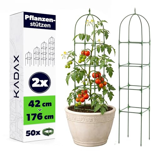 KADAX Obelisk Rankhilfe 176 x 32 cm, 2 Stück, Rankgitter mit 50 Pflanzenclips für Tomaten, Rosen & Kletterpflanzen, Pflanzenstützen aus Metall mit Kunststoffbeschichtung