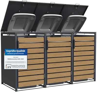 TREVANO Mülltonnenbox 3er 240l - Mülltonnenverkleidung 3 Tonnen Holz Optik - Robustes Mülltonnenhaus aus Stahl - Wetterbeständige Müllboxen für 3 Tonnen - Mülltonnen Unterstand 120l-240l