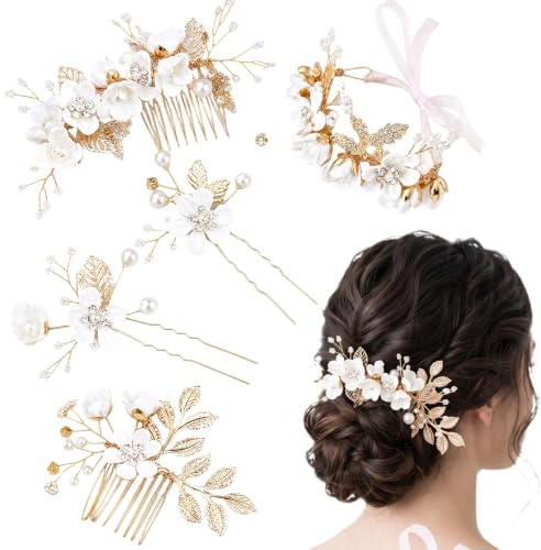 Bekecidi Pince Cheveux Mariage, 4 Épingles à Cheveux Blanches + 1 Bracelet