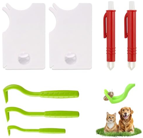 Tick Card with Magnifying Glass, Set of 7, Tick Hooks, Tick Remover, Tick Tweezers for Humans, Dogs, Cats, Quick Safe Removal of Ticks, Various Sizes, Portable Tick Set for Outdoor Pets