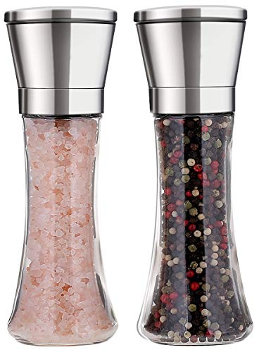 bonris Salt and Pepper Grinder Set of 2 Stainless Steel Manual Spice Salt & Pepper Grinder Set With Adjustable 5 Grade Coarseness Ceramic Rotor Mill Grinders Shakers Gift Set with Silicone Funnel