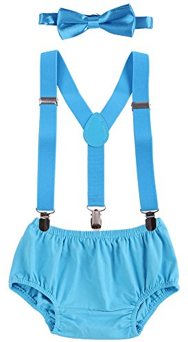 FYMNSI Baby Boy Cake Smash Outfit Newborn Infant Toddler Kids 1st / 2nd Birthday Party Photo Shoot Gentleman Set Adjustable Y-back Suspenders Braces + Bow Tie + Diaper Cover Shorts Pants 3pcs Blue