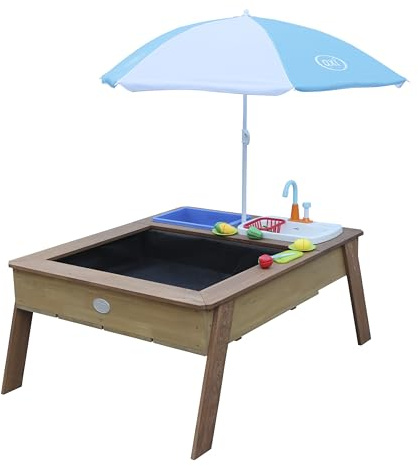 AXI Linda Sand & Wassertisch aus Holz mit Spielküchenspüle | Matschtisch/Spielküche/Wasserspieltisch/Sandtisch für Kinder in Braun mit Sonnenschirm