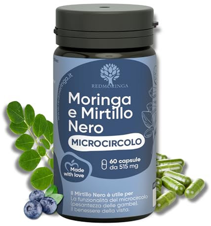 Integratore Microcircolo Gambe Mirtillo Nero e Vite Rossa con Moringa BIO - NUOVA FORMULA - Vite rossa Integratore Riduce Pesantezza e stimola Circolazione Gambe | 60 Capsule 100% Naturali RedMoringa