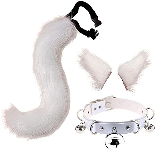 Miuboee Schwanz und Ohren Set, langer Fuchsschwanz Cosplay Faux Furry Fox Wolf Tail Kit mit Ohren und Glockenkragen für Kinder, Mädchen, Jungen, Teens, Frauen, Party (Weiß)