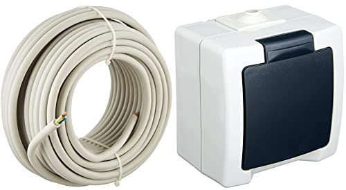 Kopp 150825001 NYM-J 3 x 1,5 mm² Feuchtraum-Kabel, 25 m-Ring & 107856005 Nautic Steckdose für Feuchtraum, 250 V, grau