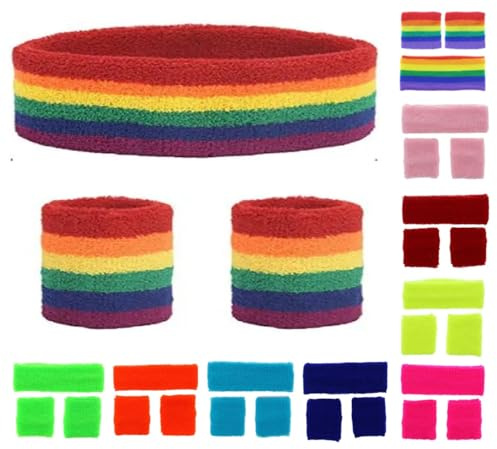 Neon Stirnband und Armbänder, Schweißbänder Set (Regenbogen)