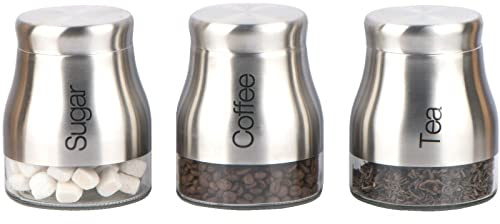 Annafi home expert Kitchen Storage Canister Set of 3 Pcs, Tea, Coffee and Sugar, Glass Jar with Screw Lid, Kitchenware for Avid Tea & Coffee Drinkers (Matte Silver)