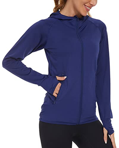 AMZSPORT Sweat à Capuche et à Manches Longues pour Femmes Veste de Course Sport avec Trous Les Pouces, Bleu M