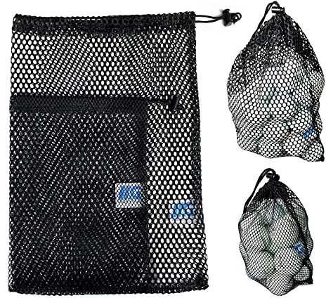Nätfickor med dragsko – 2 stycken golfbollar i nylon nätfickor sportutrustning organisatör väska för att samla halvbollar, tennis, leksaker, strand, resor, svart, S, L, svart