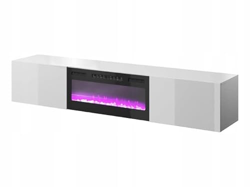 Meuble TV Blanc Brillant 200x37x40cm avec Cheminée chauffante intégrée SLIKA K à Suspendre
