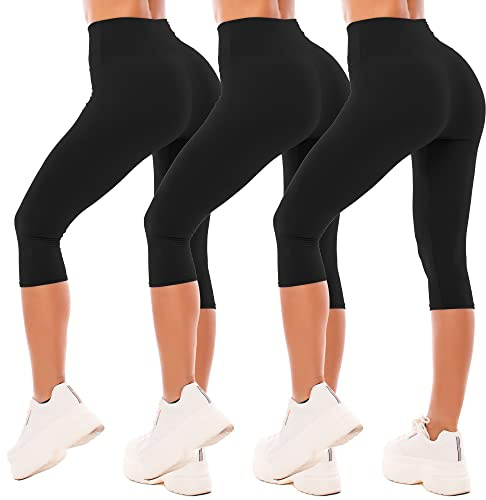 SINOPHANT 3/4 Leggins Capri Vita Alta Donna, Estivi Leggings Donna Fitness Corti Pantaloncini Yoga Coprenti Pinocchietto Opaco Elastici Morbido per Sportivi o Casual,L-XL,Nero/Nero/Nero