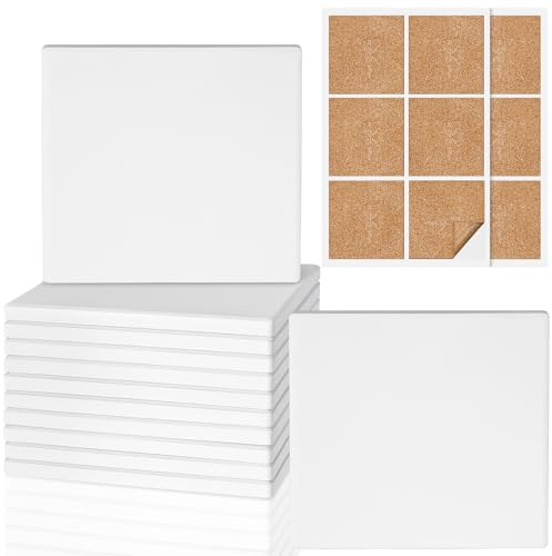 12 STK Keramikfliesen, Unglasierte Matte Untersetzer mit Korkrückseite | 10 cm Weiße Rohlinge Kreative Hobbys Bereit Zum Bemalen Keramik für Alkoholtinte, Acryl Gießen, Malerei, Decoupage, Eckig