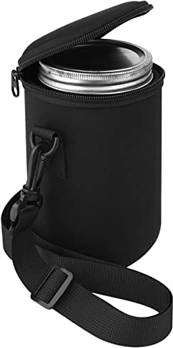 Cosmos Mason Jar Portable Neoprene Insulated Bag Mason Jar Insulated Holder Pouch, Glass Bottle Sleeve Cover with Adjustable Strap and Double Zippers, Fits 32 Oz Regular & Wide Mouth Jar (Black)