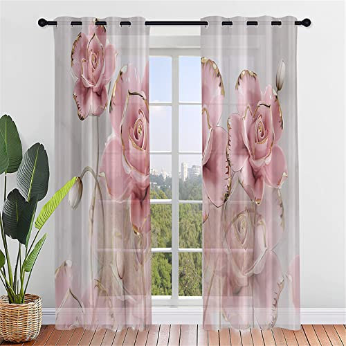 Hiseng Schiebegardinen Voile Vorhang Gardinen 2er Set, Rose Blume Druck Sheer Schiebevorhänge Lichtdurchlässig Flächenvorhänge für Wohnzimmer Schlafzimmer Fensterschal (132x244cm,Goldene Rose)
