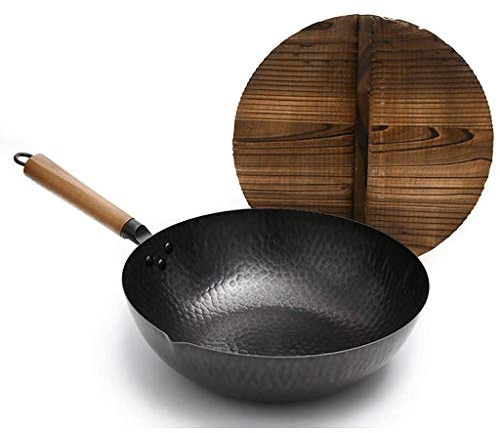 OQHAIR Wok de Acero al Carbono Martillado a Mano Wok de Aluminio Fundido Resistente a los arañazos, sartén Wok de Hierro Fundido Negro presazonado