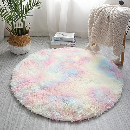 Nyescasa Hochflor Teppich Rund - Langflor Modern Flauschig Weich für Wohnzimmer, Kinderzimmer, Schlafzimmer, Flur - Läufer Regenbogen Shaggy Innen 80cm