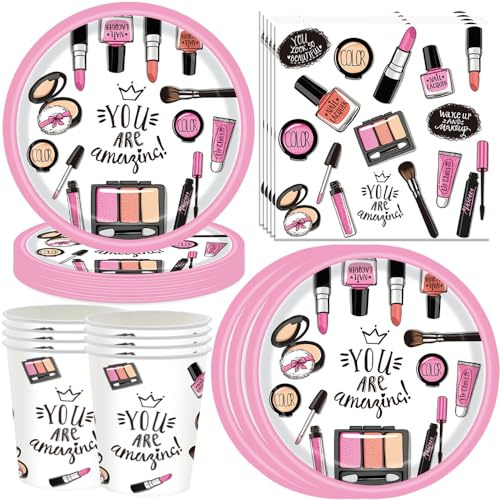 YGCHEN Vaisselle Maquillage Vaisselle de Fête Anniversaire Fille Vaisselle Set Cosmétiques Vaisselle Assiettes Gobelets Serviettes Vaisselle Jetable Filles Anniversaire Décorations de Fête