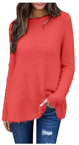 Masrin Pullover Damen Einfarbiges Plüsch Langarmshirt Teddy Fleece Oberteile Rundhals Langen Ärmeln Pulli Warmes Herbst Winter Sweatshirt Asymmetrischem Saum Vorne und hinten Sweater Locker Longshirt