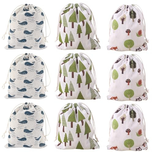 9 Stoffbeutel mit Kordelzug 20 x 25cm Geschenkbeutel Stoff Kleine StoffsäCkchen Zugband, Leinensäckchen Jutesäckchen Baumwollbeutel für Schmuck Geschenk,Beutel Baumwollsäckchen 3 Muster Aufbewahrung
