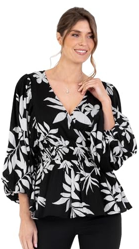 Lovedrobe Women's Ladies Wrap Top Peplum Blouse V-Neck Long Balloon Sleeve Leaf Print Fit And Flare A-Line Smart Casual, Camicetta da Donna, Monochrome,