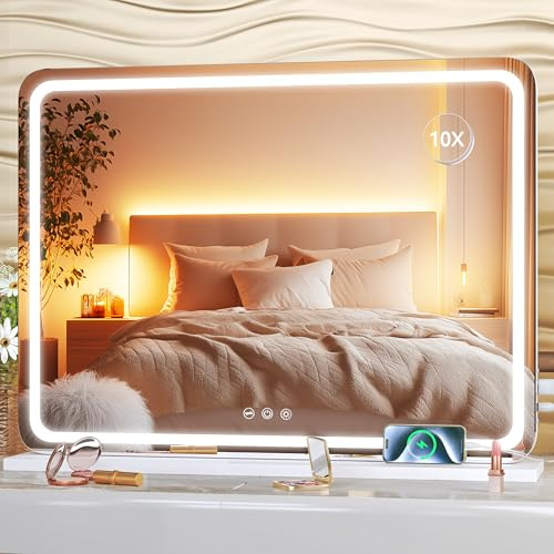 Hasipu Kosmetikspiegel mit Beleuchtung, 58 x 46cm LED Schminkspiegel, Beleuchteter Schminkspiegel mit dimmbaren 3 Modi, Touchscreen-Steuerung Kosmetikspiegel Rund Weiß
