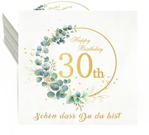 Servietten zum 30. Geburtstag - 36 Stück Schön dass du da bist, 3-Lagig Happy Birthday Eukalyptus Tischdeko für Frauen Männer, Papierservietten 33x33cm