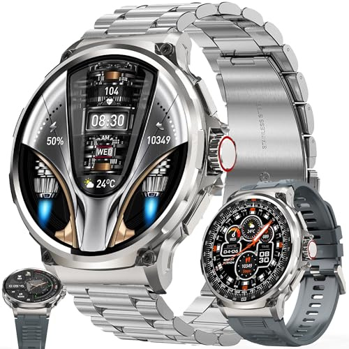 1,85 tum AMOLED smart klocka för män med Bluetooth 5.2 samtal/uppringning, Smartwatch kompatibel Samsung Huawei Xiaomi Android iOS stegräknare GPS delad klocka 123 sportklocka (silver)