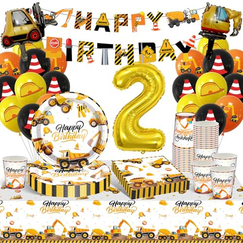 YIMAKJ Bagger Geburtstag Deko 2 Jahre, Kindergeburtstag Partygeschirr Mit Luftballon, Pappteller, Pappbecher, Tischdecke Für Junge