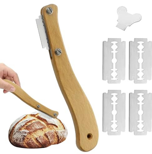 Brot Lahm, Edelstahl Holzgriff Brot Lahm Scoring Tool Set, Baguettemesser 1 Messerset und 5 Klingen Brot, Brotmesser für DIY Brotteig Muster Ritzmesser Gebogene Brotmesser Teigmesser Teig Rasiermesser