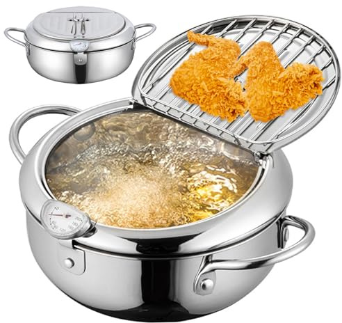 Friteuse japonaise en acier inoxydable pour tempura - Faitout profond de 2,2 l avec contrôle de la température et égouttoir - Petite casserole de 20,1 cm avec poignées de poisson