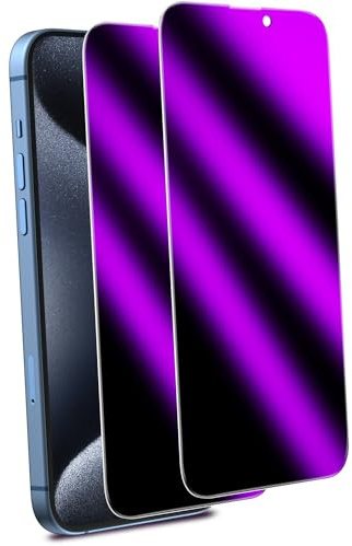 MAYtobe 2 Stück Purpur Sichtschutz Schutzfolie für iPhone 15 Pro, Buntes Purpur Blickschutz folie, Volle Abdeckung, Anti Spy, 9H Härte Schutzglas, Anti-Kratzen