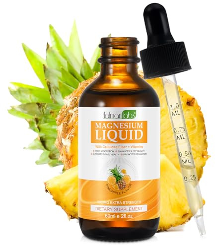 Magnesium Glycinate Liquid Drops,Liquid Magnesium Complex with Glycinate,Taurate,Cellulose Fiber,Bromelain,Vitamin B6,C,D and Zinc, Pineapple Flavor, 2 Fl Oz